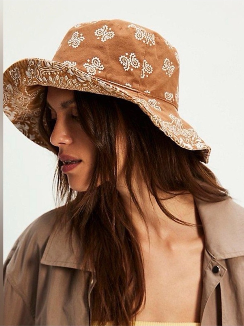 Free People REVERSIBLE Chocolate Brown/Tan Bandana-Print Bucket Hat
